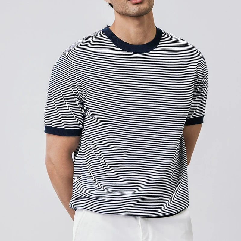 Herren Gestreiftes Strick-Slim-Fit T-Shirt Marineblau Grün