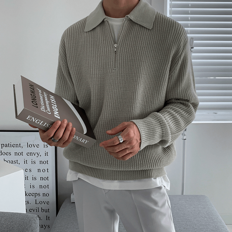 Tom Hollinger | Gemütlicher gestrickter Pullover mit halbem Reißverschluss und verstellbarem Kragen