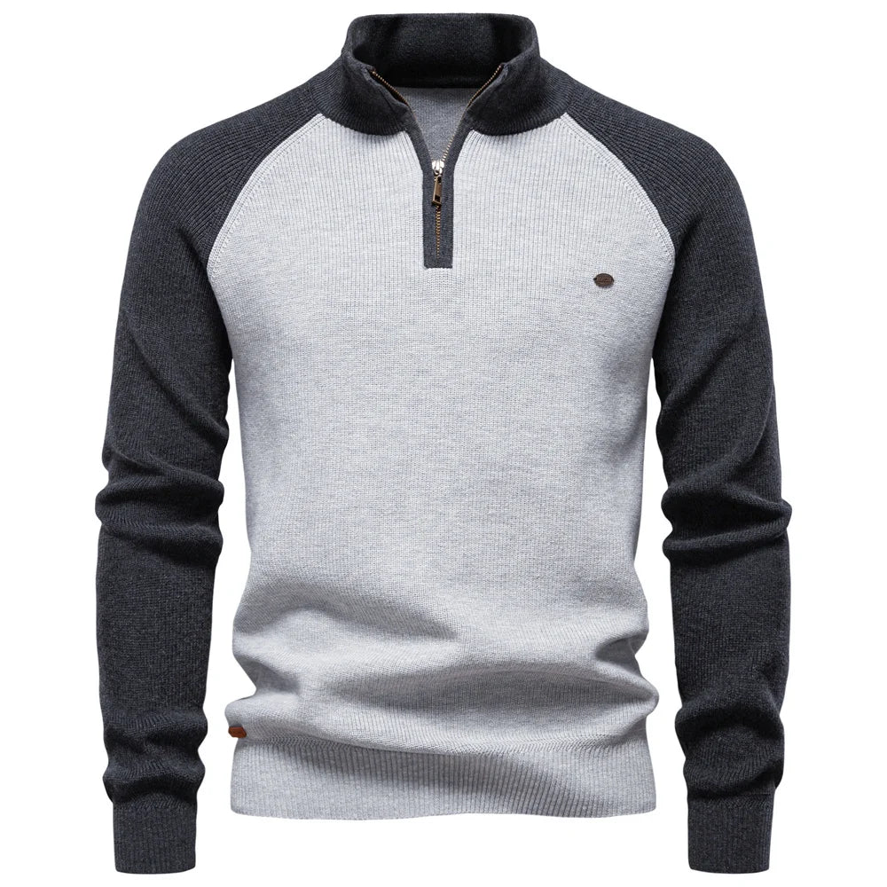 Herren Baumwoll-Pullover mit Stehkragen und Viertelreißverschluss