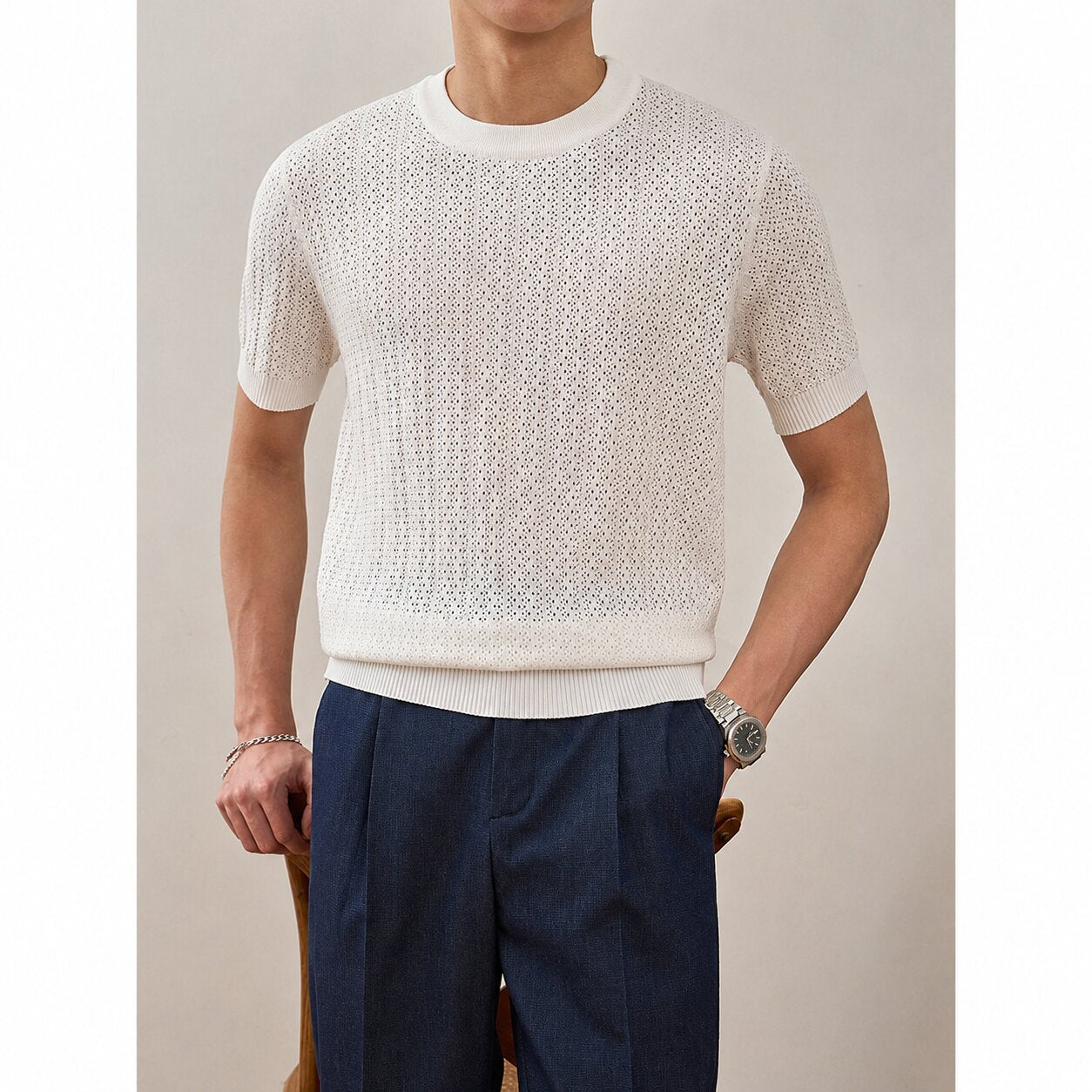 Herren Strickshirt Mit Struktur Kurzarm