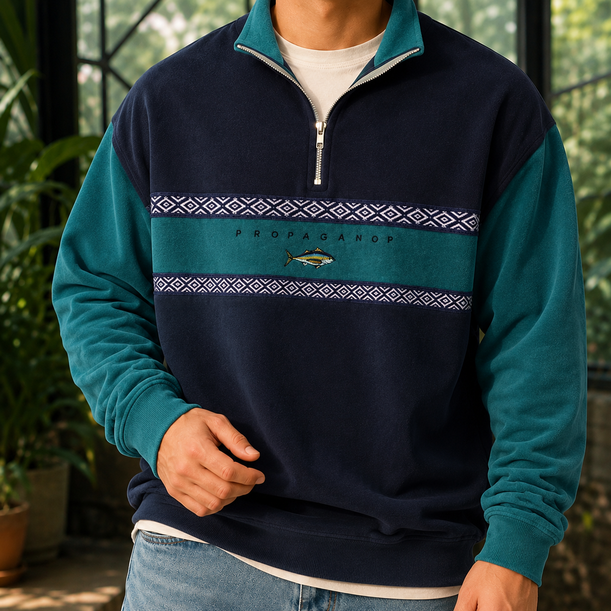 Strickpullover Mit Geometrischem Muster Und Viertelzip