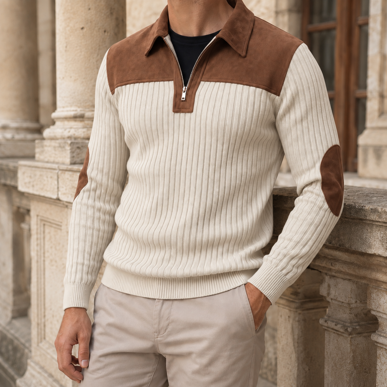 Herren Pullover Mit Viertelreißverschluss Aus Rippenstrick