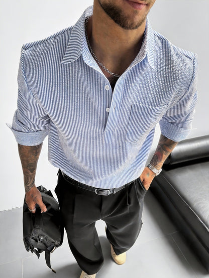 Striped Seersucker Long-Sleeve Popover Shirt