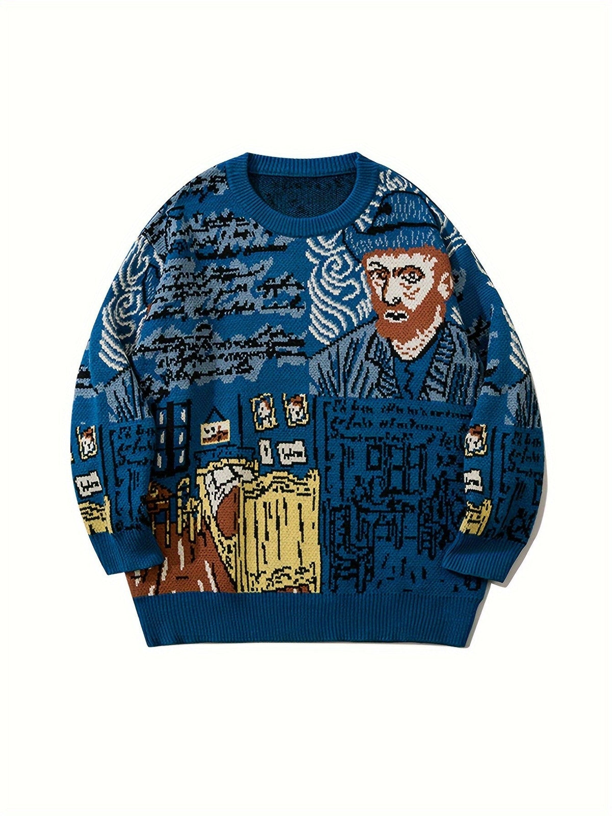 Jacquard-Pullover mit künstlerischem Porträtmotiv in der Vorderansicht