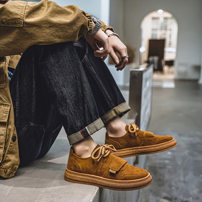 Nahaufnahme der Plateausohle der Herren Wildleder Sneaker