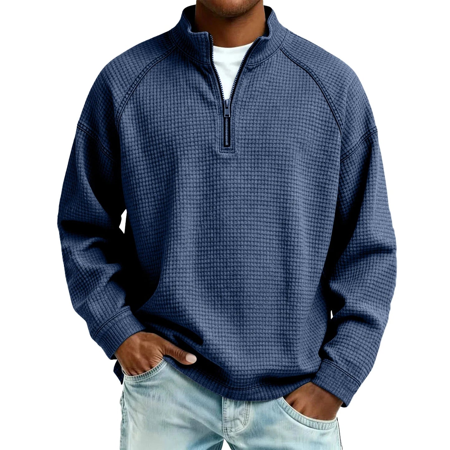 Herren Waffelstrick Pullover mit Viertel-Reißverschluss Lockerer Schnitt