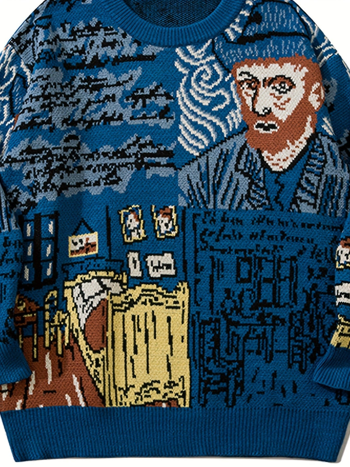 Nahaufnahme des künstlerischen Porträtmotivs auf dem Pullover