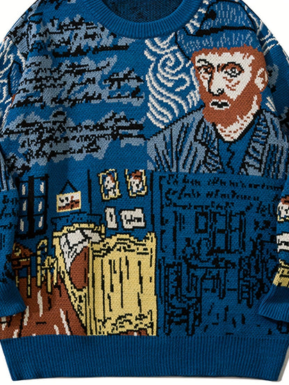 Nahaufnahme des künstlerischen Porträtmotivs auf dem Pullover