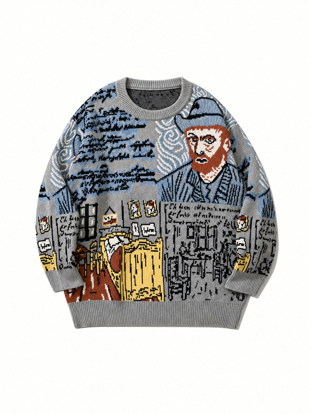Seitenansicht des Pullovers mit künstlerischem Jacquard-Design