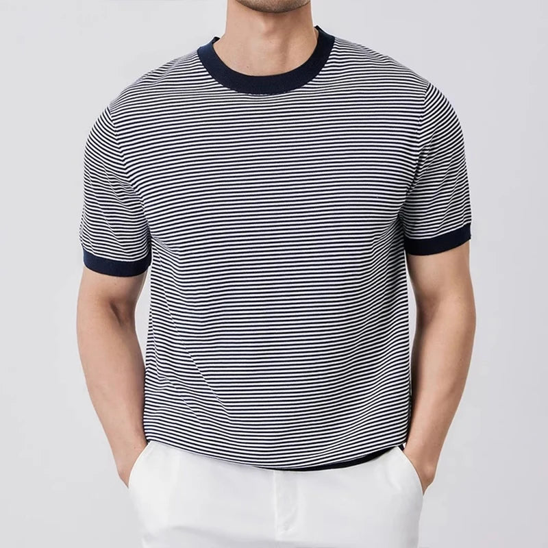 Herren Gestreiftes Strick-Slim-Fit T-Shirt Marineblau Grün