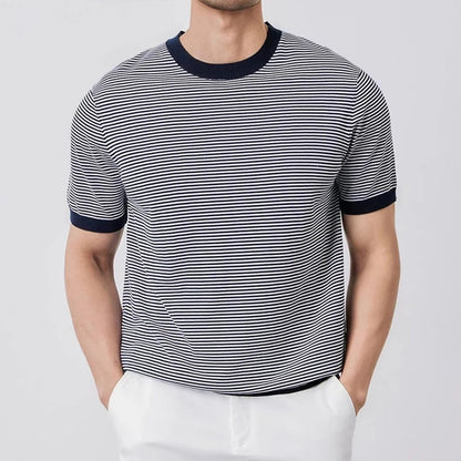 Herren Gestreiftes Strick-Slim-Fit T-Shirt Marineblau Grün