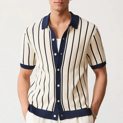Herren Gestreiftes Strick-Poloshirt Patchwork Kurzarm Weiß