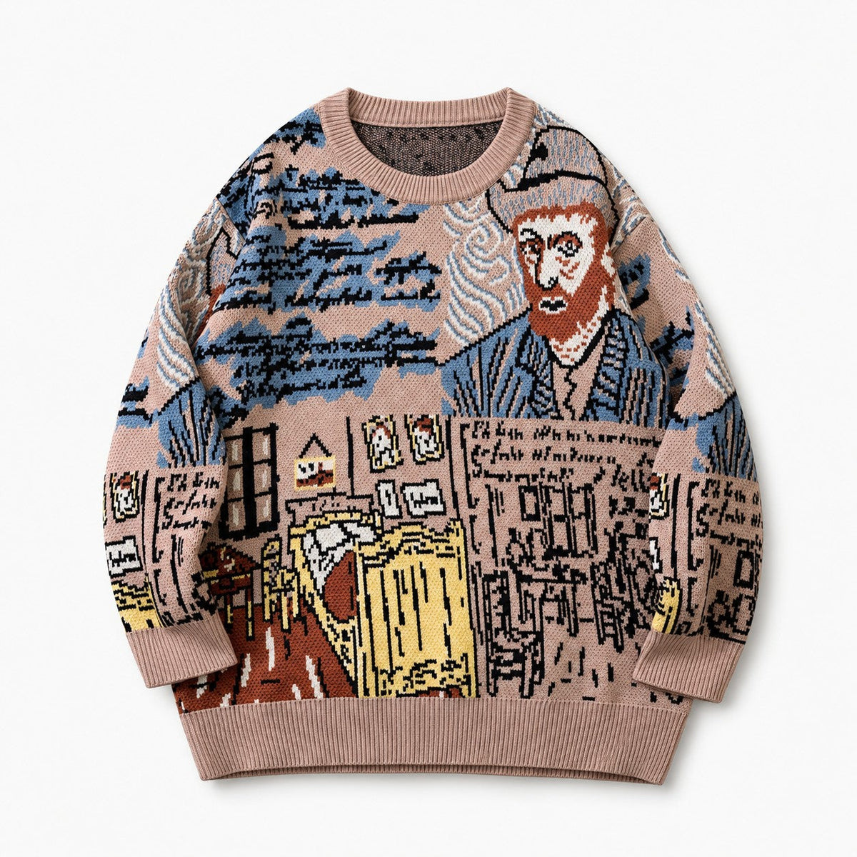 Gesamtansicht des Jacquard-Pullovers mit künstlerischem Design