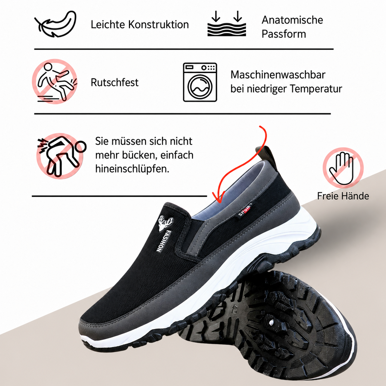 Rückansicht der sportlichen Herren Slip-On-Schuhe mit weichem Fersenbereich