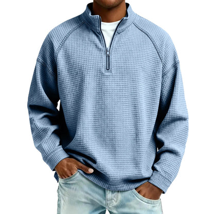 Herren Waffelstrick Pullover mit Viertel-Reißverschluss Lockerer Schnitt