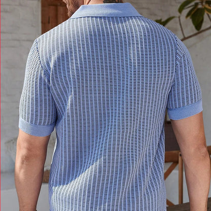 Herren Polohemd mit Kurzarm und Zopfmuster in Himmelblau