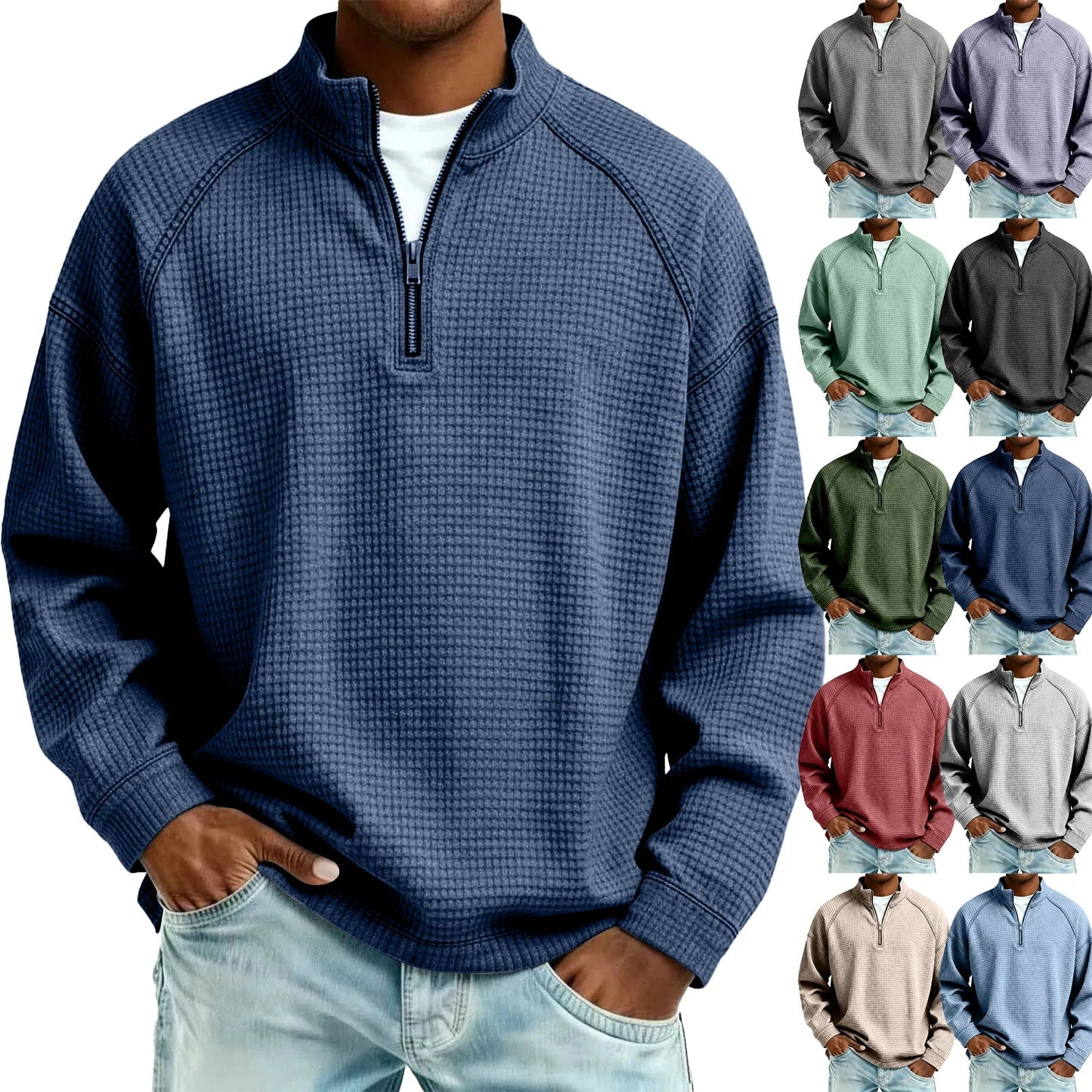 Herren Waffelstrick Pullover mit Viertel-Reißverschluss Lockerer Schnitt
