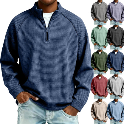 Herren Waffelstrick Pullover mit Viertel-Reißverschluss Lockerer Schnitt