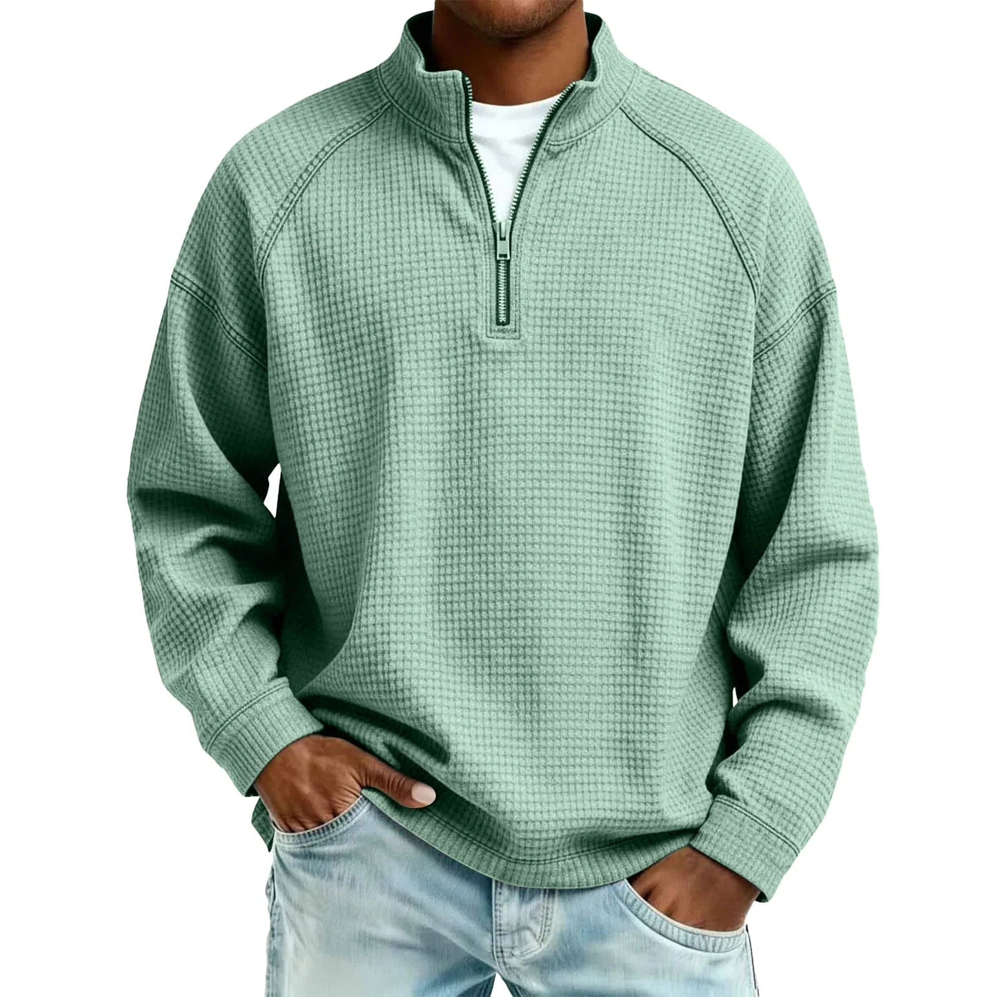 Herren Waffelstrick Pullover mit Viertel-Reißverschluss Lockerer Schnitt