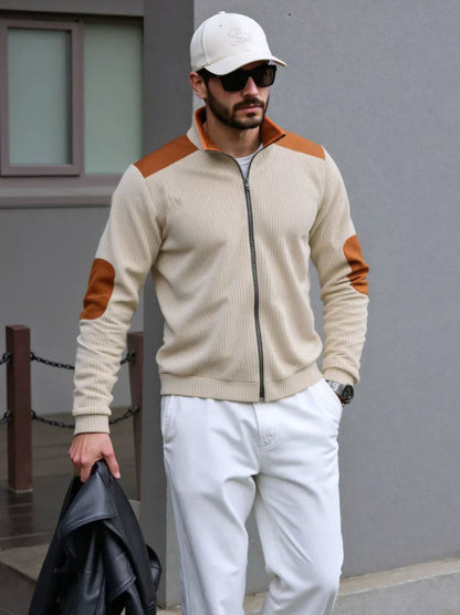 Tom Hollinger | Herren Strickcardigan mit Reißverschluss und Schulter- und Ellbogenpatches