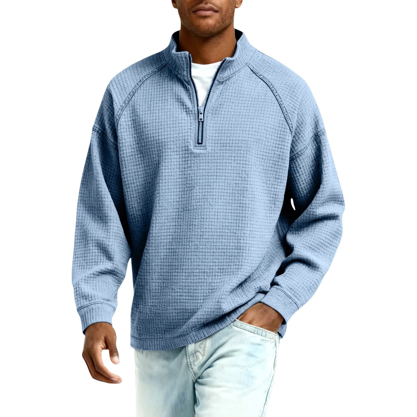Herren Waffelstrick Pullover mit Viertel-Reißverschluss Lockerer Schnitt