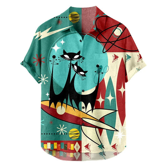 Tom Hollinger | Retro-Print Kurzarmhemd mit Katzenmotiv