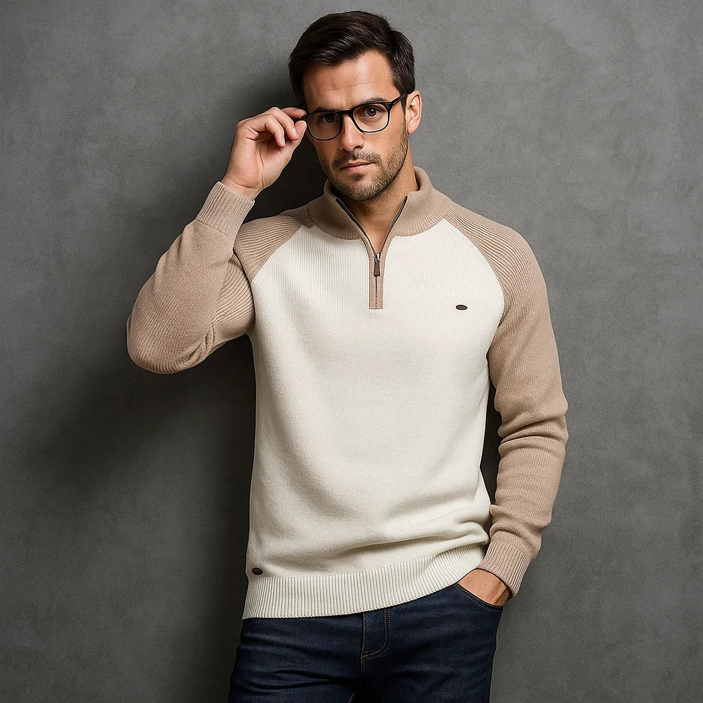 Herren Baumwoll-Pullover mit Stehkragen und Viertelreißverschluss