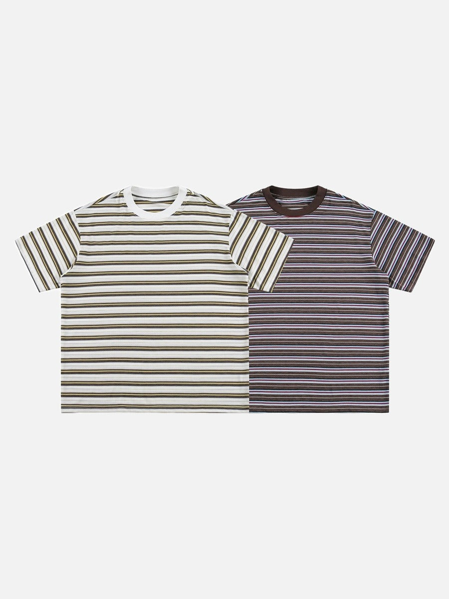 Lässiges gestreiftes Strick-T-Shirt in Braun und Gold