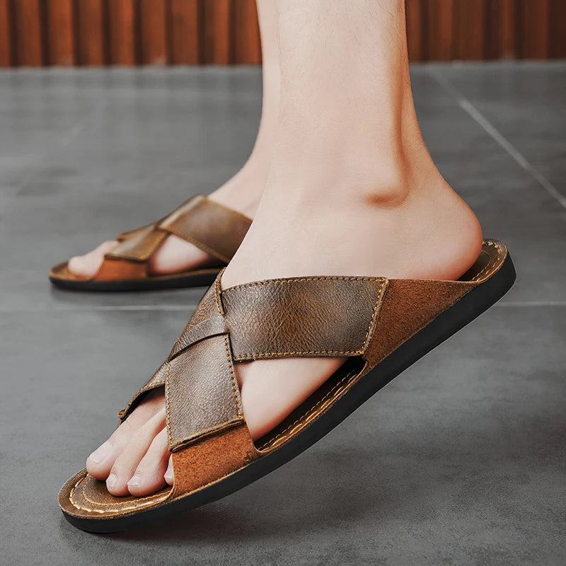 Herren Leder offene Zehen Hausschuhe Weich rutschfest Freizeit Sandalen