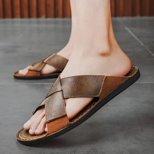 Tom Hollinger |  Herren Leder offene Zehen Hausschuhe Weich rutschfest Freizeit Sandalen