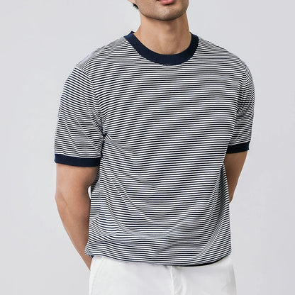 Herren Gestreiftes Strick-Slim-Fit T-Shirt Marineblau Grün