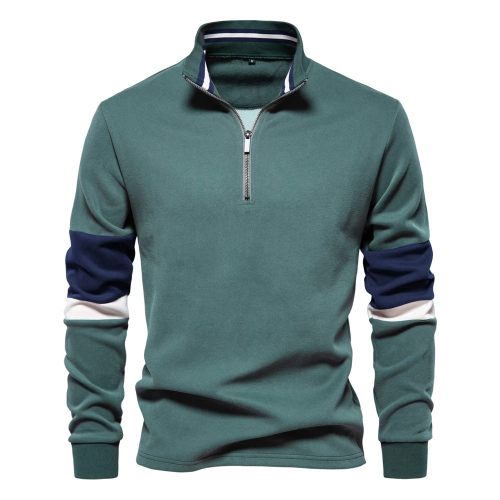Herren Sweatshirt mit Stehkragen aus Baumwollmischgewebe und Patchwork