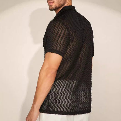 Herren Mesh-Spitzen-Kurzarmhemd Schwarz Slim Fit Button-Down