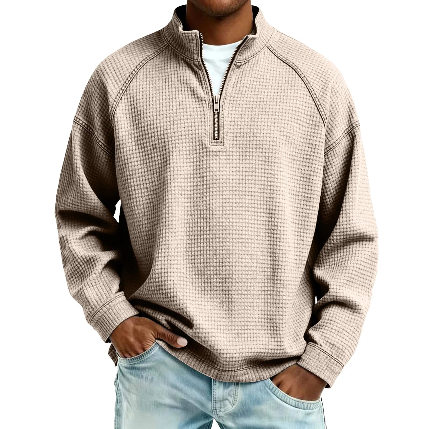 Herren Waffelstrick Pullover mit Viertel-Reißverschluss Lockerer Schnitt