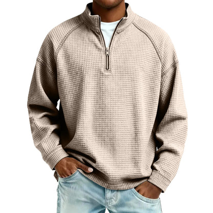 Herren Waffelstrick Pullover mit Viertel-Reißverschluss Lockerer Schnitt
