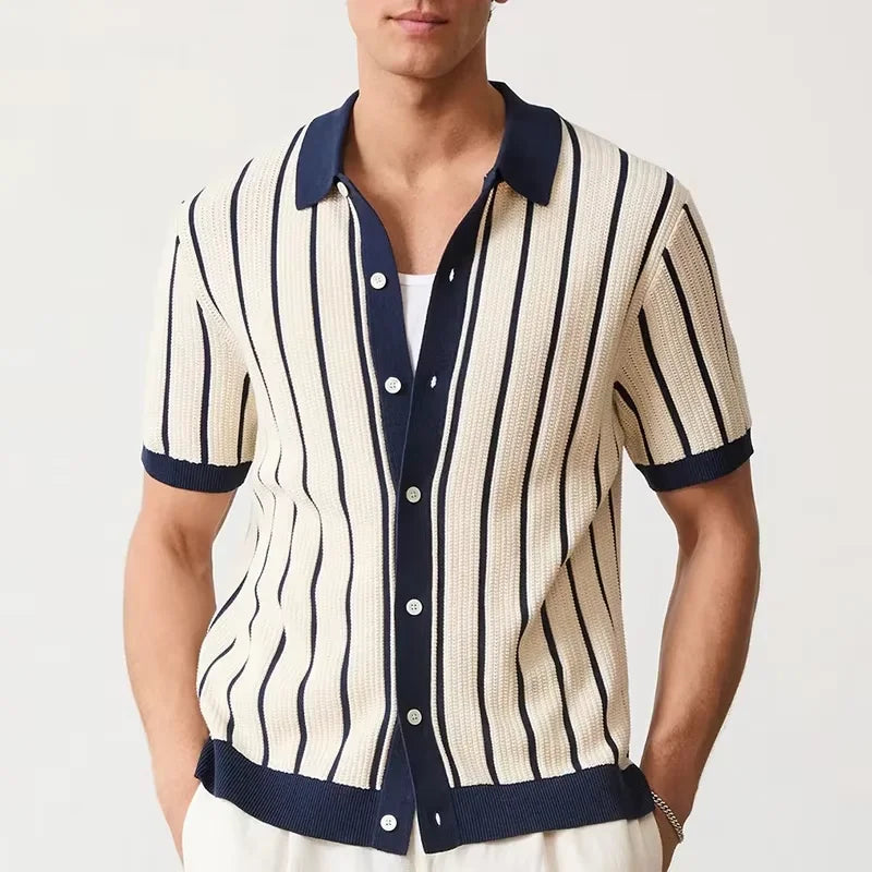 Herren Gestreiftes Strick-Poloshirt Patchwork Kurzarm Weiß