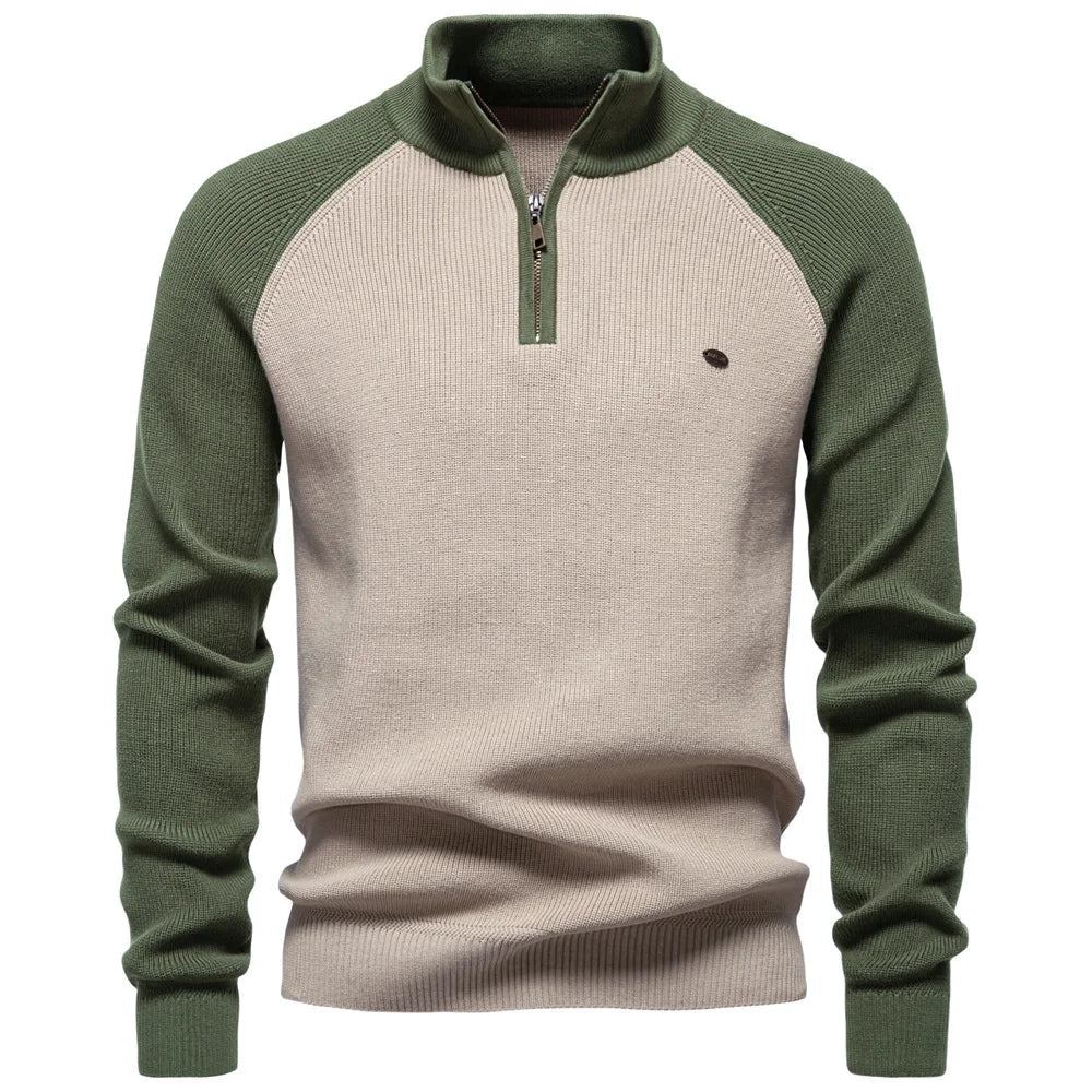 Herren Baumwoll-Pullover mit Stehkragen und Viertelreißverschluss