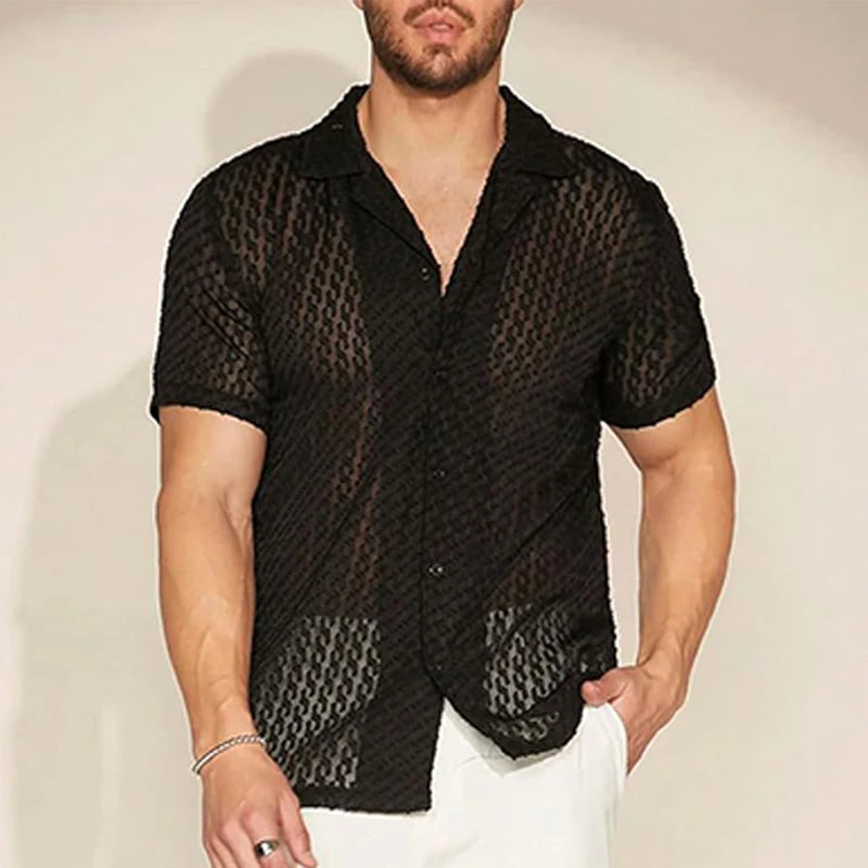 Herren Mesh-Spitzen-Kurzarmhemd Schwarz Slim Fit Button-Down