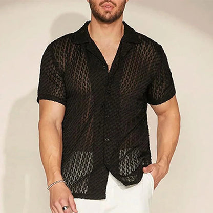 Herren Mesh-Spitzen-Kurzarmhemd Schwarz Slim Fit Button-Down