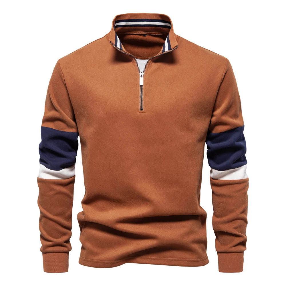 Herren Sweatshirt mit Stehkragen aus Baumwollmischgewebe und Patchwork