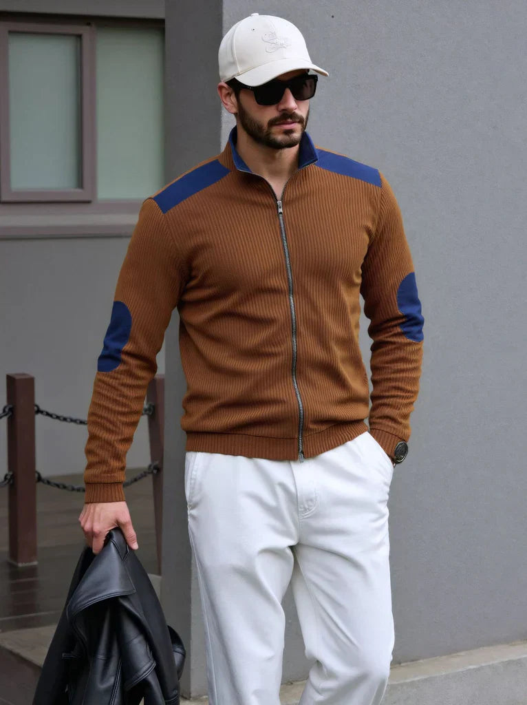 Tom Hollinger | Herren Strickcardigan mit Reißverschluss und Schulter- und Ellbogenpatches