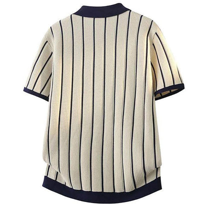 Herren Gestreiftes Strick-Poloshirt Patchwork Kurzarm Weiß