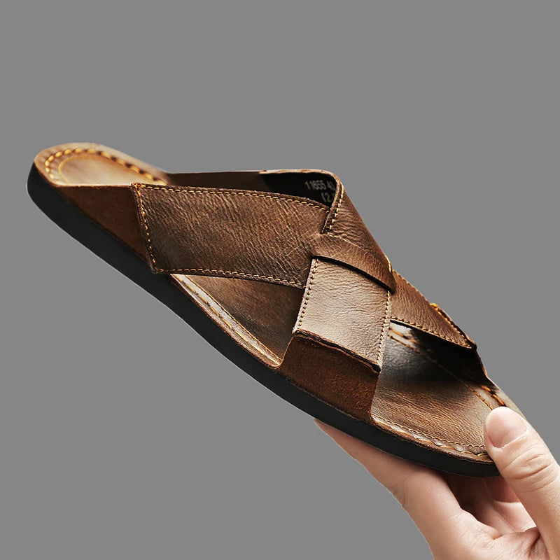 Herren Leder offene Zehen Hausschuhe Weich rutschfest Freizeit Sandalen