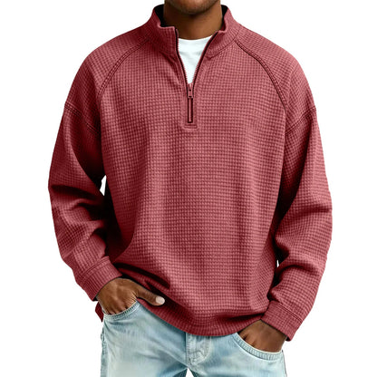 Herren Waffelstrick Pullover mit Viertel-Reißverschluss Lockerer Schnitt