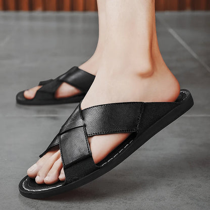 Herren Leder offene Zehen Hausschuhe Weich rutschfest Freizeit Sandalen