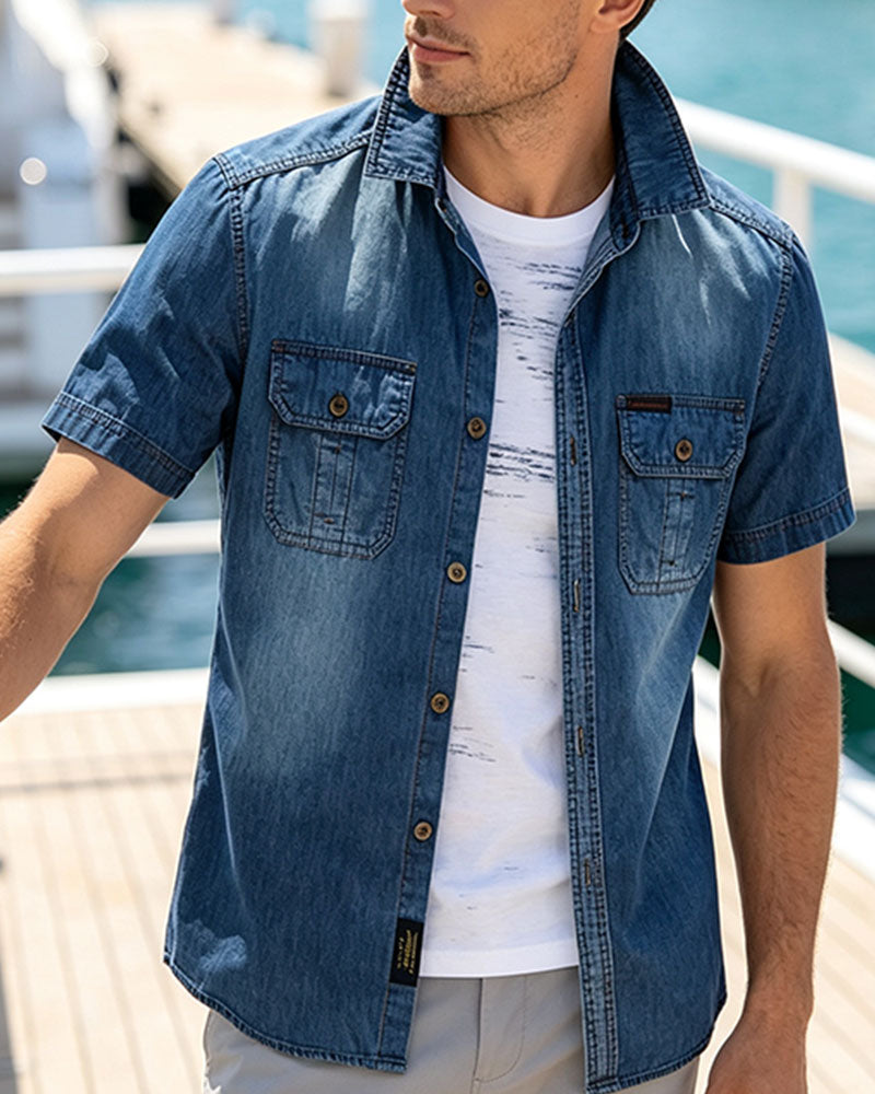Herren-Jeanshemd aus Denim mit kurzen Ärmeln, Detailansicht