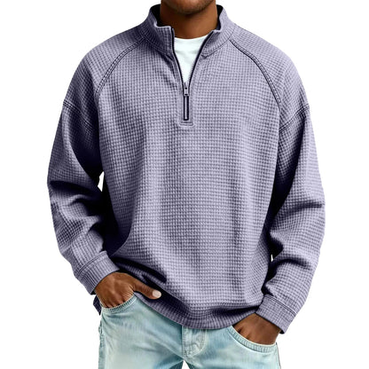 Herren Waffelstrick Pullover mit Viertel-Reißverschluss Lockerer Schnitt