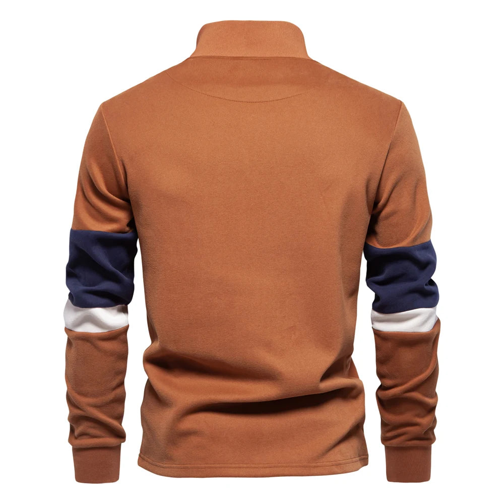 Herren Sweatshirt mit Stehkragen aus Baumwollmischgewebe und Patchwork