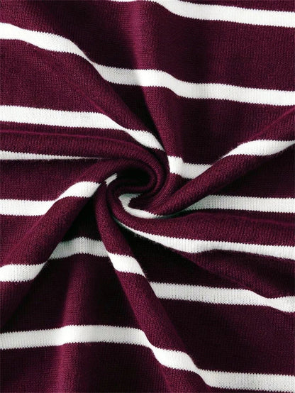 Herren Gestreiftes Polyester-Strick T-Shirt mit Rundhalsausschnitt Weinrot
