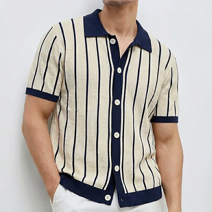 Herren Gestreiftes Strick-Poloshirt Patchwork Kurzarm Weiß